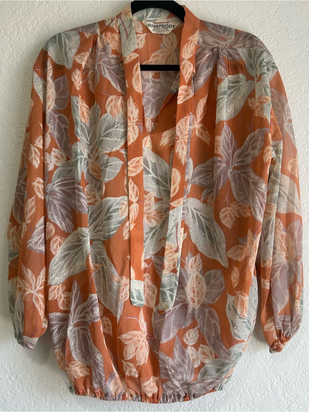 Vintage Rhapsody by Glazier (Chicago-based) Sheer Orange Floral Tie-Neck Blouse